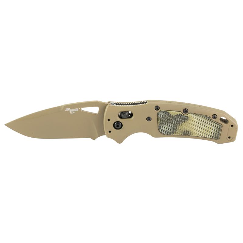 K320 AXG, Sig Sauer P320 Firearm Match, Folding Knife, CPM-S30V, Cerakote Finish, Flat Dark Earth, Plain Drop Point Edge, 3.5" Blade, Flat Dark Earth Aluminum Grips with G-Mascus Green G10 Inserts 36375