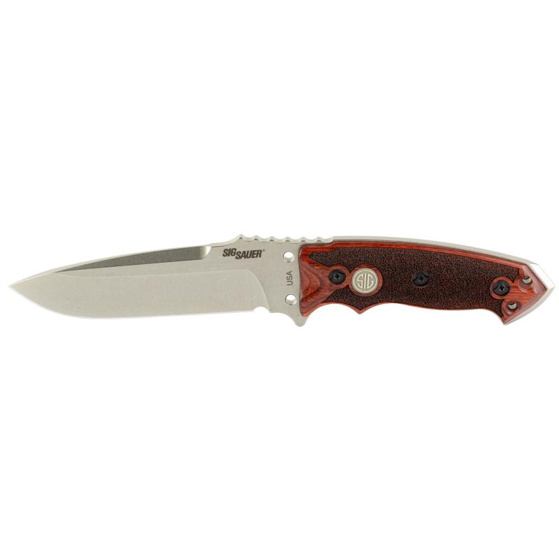 SIG EX-F01 Stainless Elite, Fixed Blade Knife, Tumbled Finish, Silver, Reinforced Rosewood Handle, Drop Point, Plain Edge, 5.5" Blade Length, A2 Tool Steel, Includes Ballistic Nylon MOLLE Sheath 37175