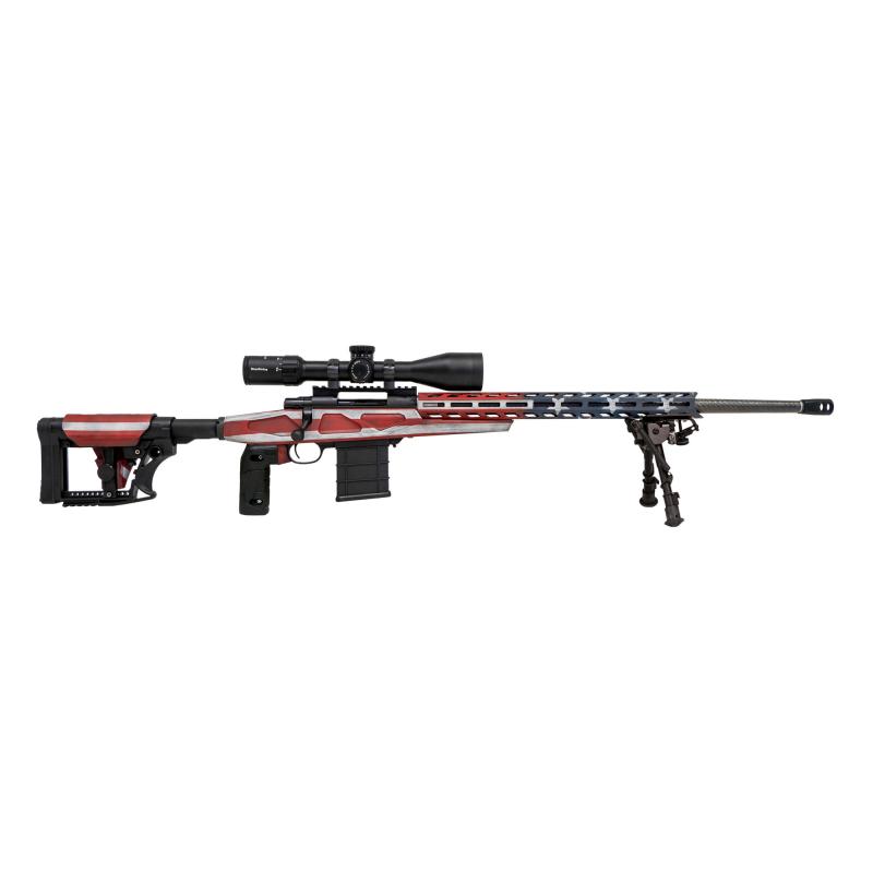 1500, Bolt Action Rifle, 308 Winchester, 24" Heavy Threaded Barrel, Red/White/Blue Finish, APC Chassis, Right Hand, 10 Rounds, Includes 3 Mags, 2 Grips, and Bipod HCRA73107USKMDT