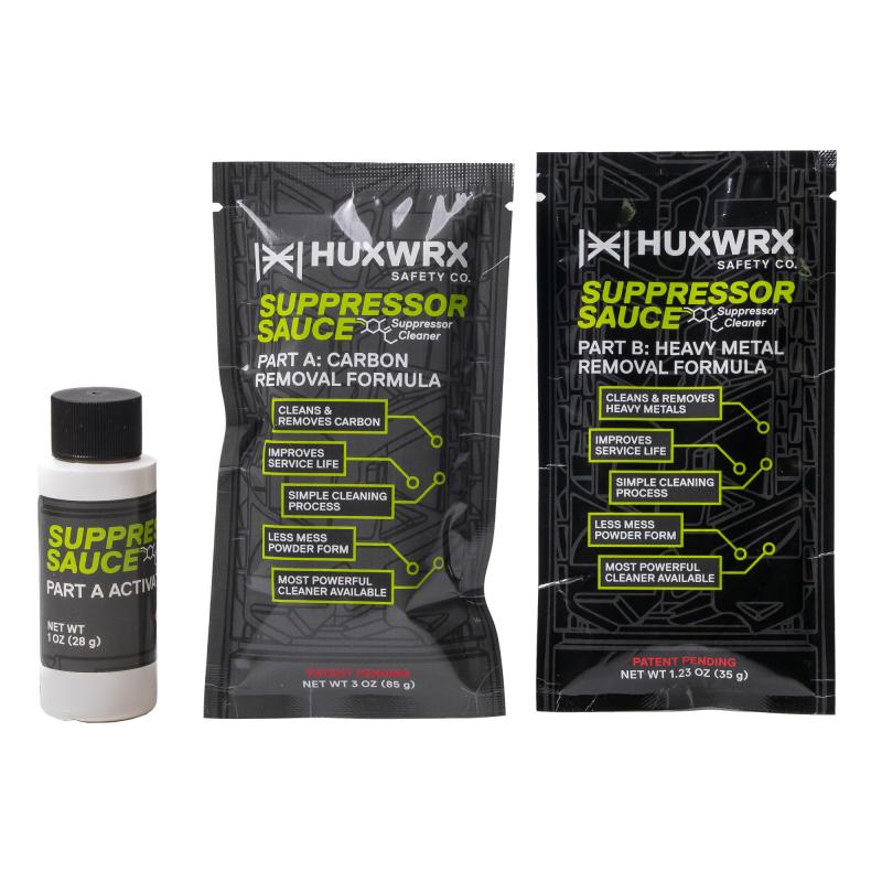 Suppressor Sauce Refill Kit, For use with the Suppressor Sauce Cleaning Kit, Includes Three (3) Packets of Part A:Carbon Removal Formula, Three (3) Bottles of Part A:Activator, and Three (3) Packets of Part B:Heavy Metal Removal Formula HUX-3203