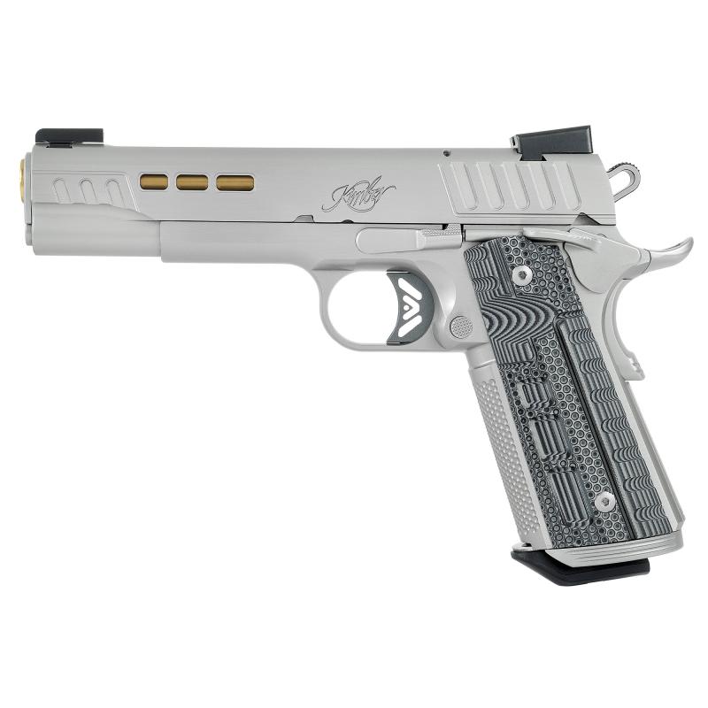 Rapide Dawn, Semi-automatic, 1911, Full Size, 9MM, 5" Barrel, Gold TiN Finish, Brushed Stainless Finish, Silver, TRUGLO TFX Tritium/Fiber-Optic Day/Night Sights, Black/Gray G10 Grips, Manual Safety, 9 Rounds, 1 Magazine, California Compliant 3000420CA