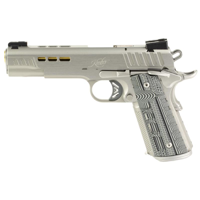Rapide Dawn, Semi-automatic, 1911, Full Size, 45 ACP, 5" Barrel, Gold TiN Finish, Brushed Stainless Finish, Silver, TRUGLO TFX Tritium/Fiber-Optic Day/Night Sights, Black/Gray G10 Grips, Manual Safety, 8 Rounds, 1 Magazine, California Compliant 3000423CA