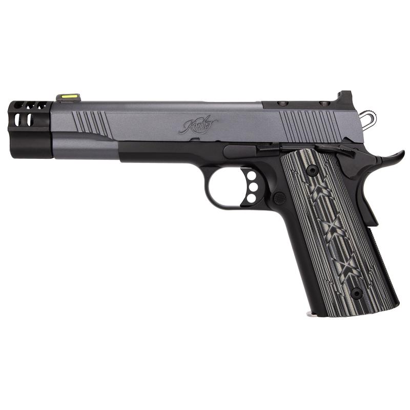 Comp X Hunter 10, 1911, Semi-automatic, Metal Frame Pistol, Full size, 10MM, 5" Match Grade Stainless Steel Barrel, Stainless Steel, KimPro Finish, Gray Slide with Black Frame, G-10 Grips, Fiber Optic Front Sight, Black Rear Sight, Optics Ready, Manual T