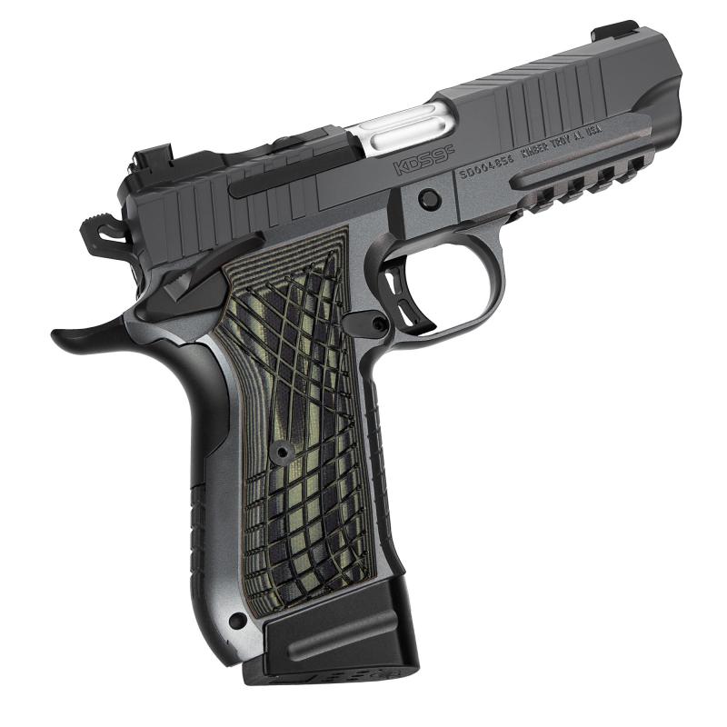 KDS9c, 1911, Semi-automatic, Single Action, Aluminum Frame Pistol, Compact, 9MM, 4" Fluted Barrel, Matte Finish, Black, G10 Grips, Optics Ready, Adjustable Rear Sight With Fiber Optic Front, 10 Rounds, 2 Magazines 3100011