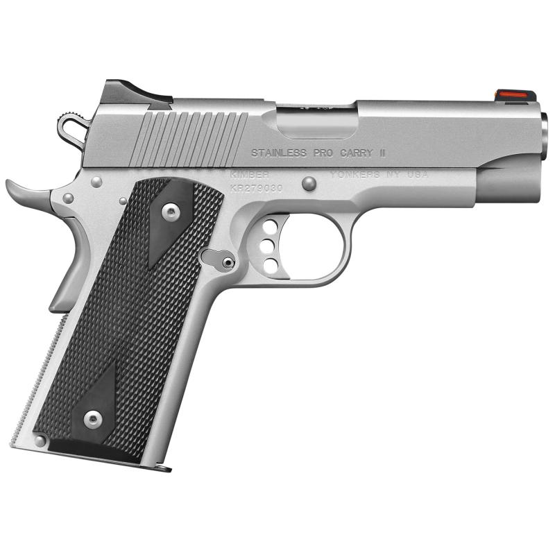 Pro Carry II Cali, 1911, Semi-automatic, Metal Frame Pistol, Compact, 45 ACP, 4" Barrel, Carbon Steel Match Grade Barrel, Aluminum, Satin Finish, Silver, Rubber Grips, Fiber Optic Front and Low Profile Combat Rear Sights, Manual Safety, 7 Rounds, Right H