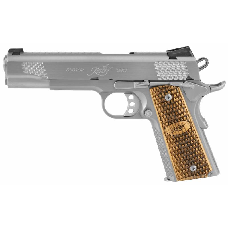 Raptor II Cali, 1911, Semi-automatic, Metal Frame Pistol, Full Size, 45 ACP, 5" Barrel, Carbon Steel Match Grade Barrel, Stainless Steel, Brushed Finish, Silver, Zebrawood Grips, Tritium Night Sights, Ambidextrous Manual Safety, 8 Rounds, Ambidextrous 32