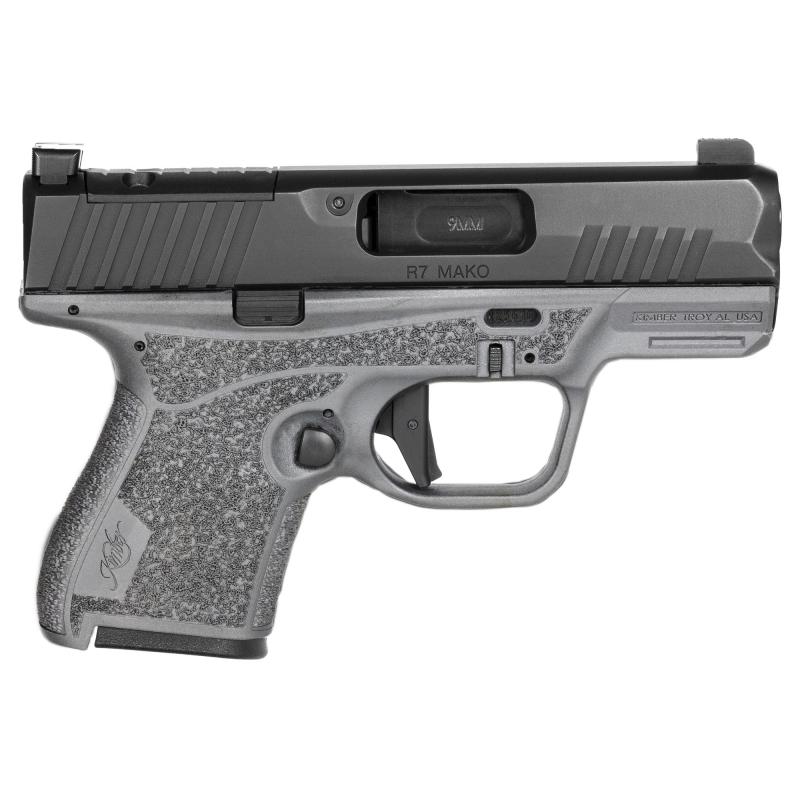 R7 Mako, Semi-automatic, Striker Fired, Polymer Frame Pistol, Compact, 9MM, 3.37" Barrel, Matte Finish, Gray Frame, Black Slide, Optic Ready, Night Sights, 10 Rounds, 5 Magazines, IncludesMFT Holster and Range Bag 3800023