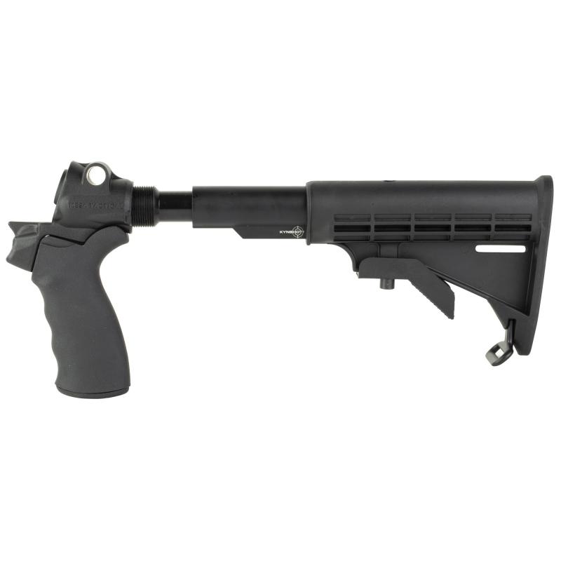 LEO Recoil Stock Kit, Stock, Black, Features a lowered stock elevation allowing the use of iron sights or even the bead sight., Includes LEO Stock Adapter, Enidine Recoil Buffer, Standard A2 Collapsible Stock, and Hogue Grip, Mossberg 500, 590 92650