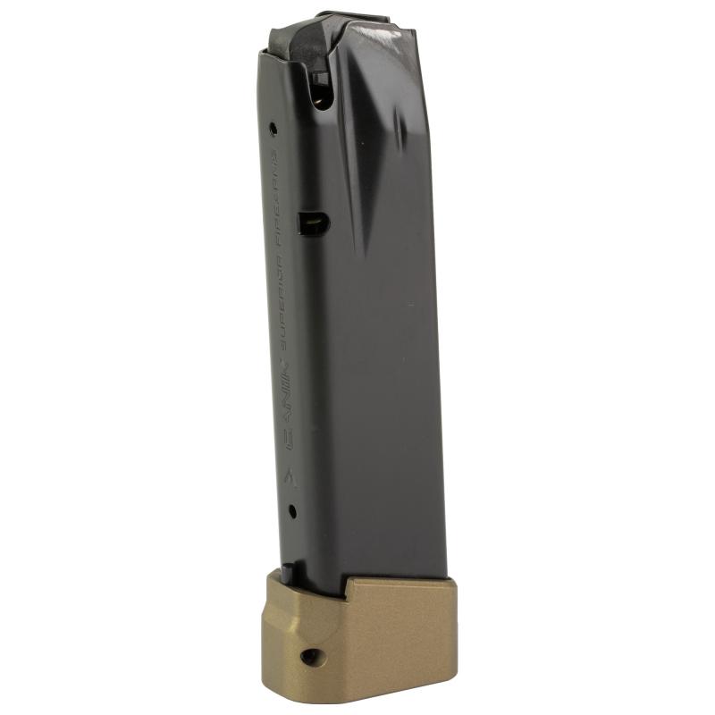Magazine, 9MM, 21 Rounds (18Rd Mag with +3 Extension), Fits Canik TTI Combat, Full Size, Black With +3 Bronze Extension MA2363