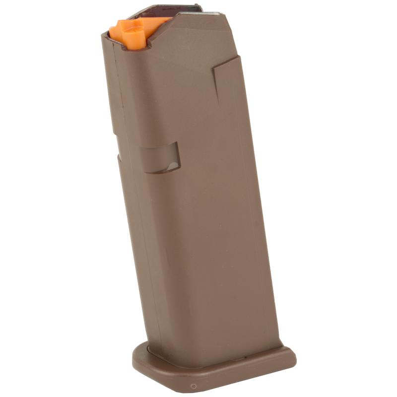 OEM Magazine, 9MM, 15Rd, Fits GLOCK 19, Cardboard Style Packaging, FDE Finish, Orange Follower 47461