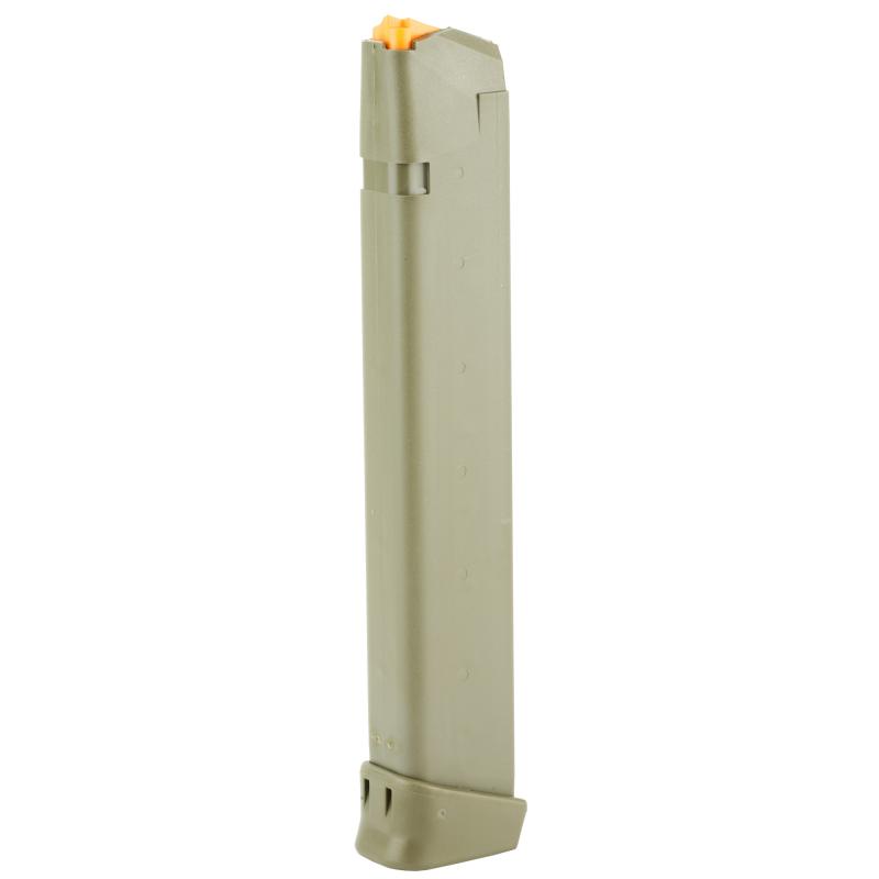 OEM Magazine, 9MM, 33Rd, Fits GLOCK 17/34, Cardboard Style Packaging, OD Green Finish, Orange Follower 47462
