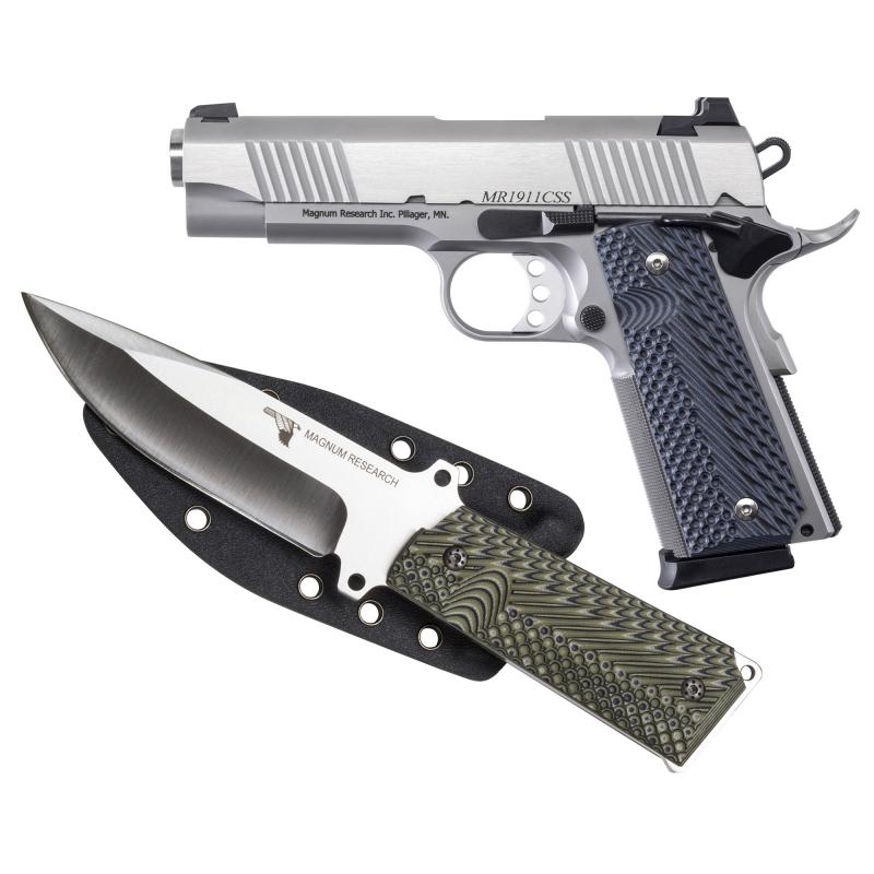 Desert Eagle 1911 C Model .45 ACP 4.3 Inch Barrel Stainless Steel Finish Double Diamond Checkered Wood Grips 8 Round Plus 1911 Fixed Blade Knife With Sheath