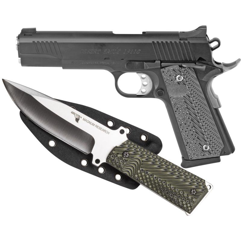 1911G, Semi-automatic, Full Size, 45ACP, 5" Barrel, Steel Frame, Black Finish, G10 Grips, Fixed Sights, 8Rd, 1 Magazine, Fired Case, Includes 1911 Knife and Sheath DE1911G-K