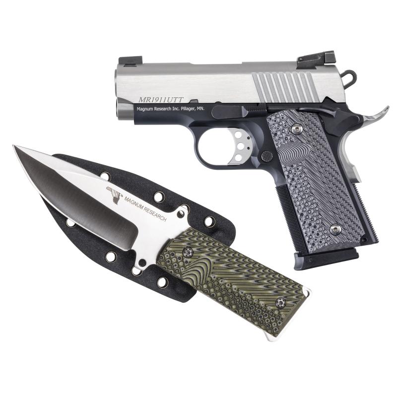 1911U, Undercover, 1911, Semi-automatic, Aluminum Frame Pistol, Officer Size, 45 ACP, 3" Barrel, Black Frame, Stainless Steel Finish Slide, G10 Grips, Adjustable Rear Sight, 6 Rounds, 2 Magazines, Includes 1911 Knife and Sheath DE1911UTT-K