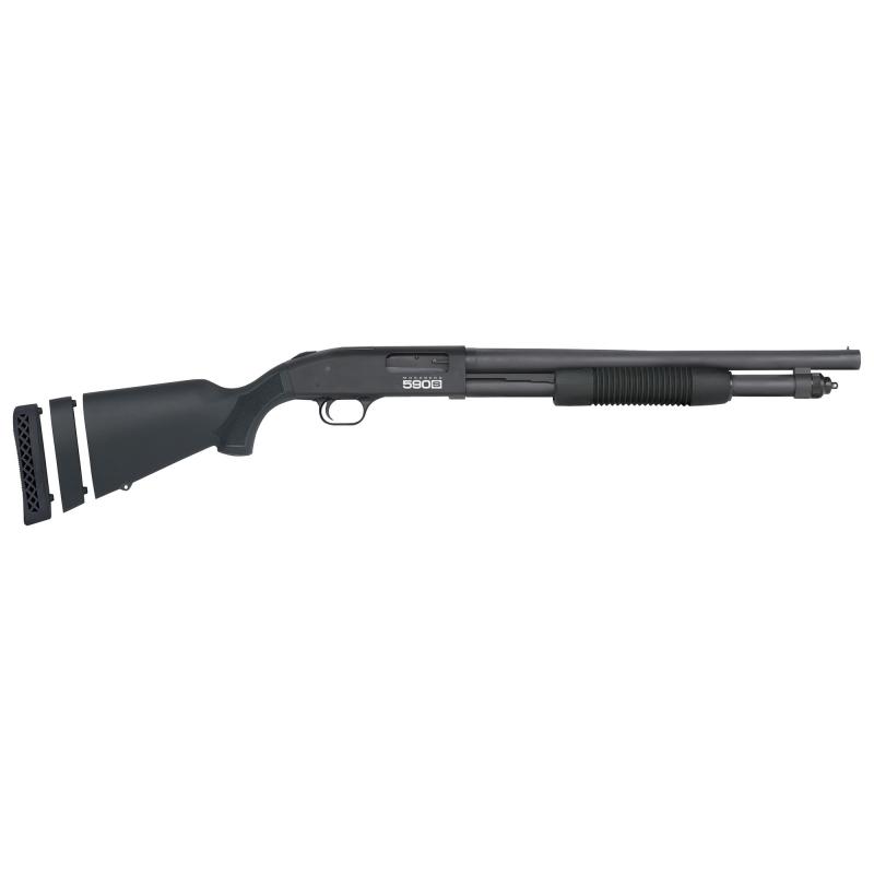 590S Optic Ready Pump Action 12 Gauge, 3" Chamber, 18.5" Barrel, Matte Blued Finish, Adjustable Length of Pull Synthetic Stock, Bead Sight, Receiver Milled for Shield RMSc Pattern Micro Dot Sights, 9 Rounds w/1.75", 6 Rounds w/2.75", 5 Rounds w/3" Shells