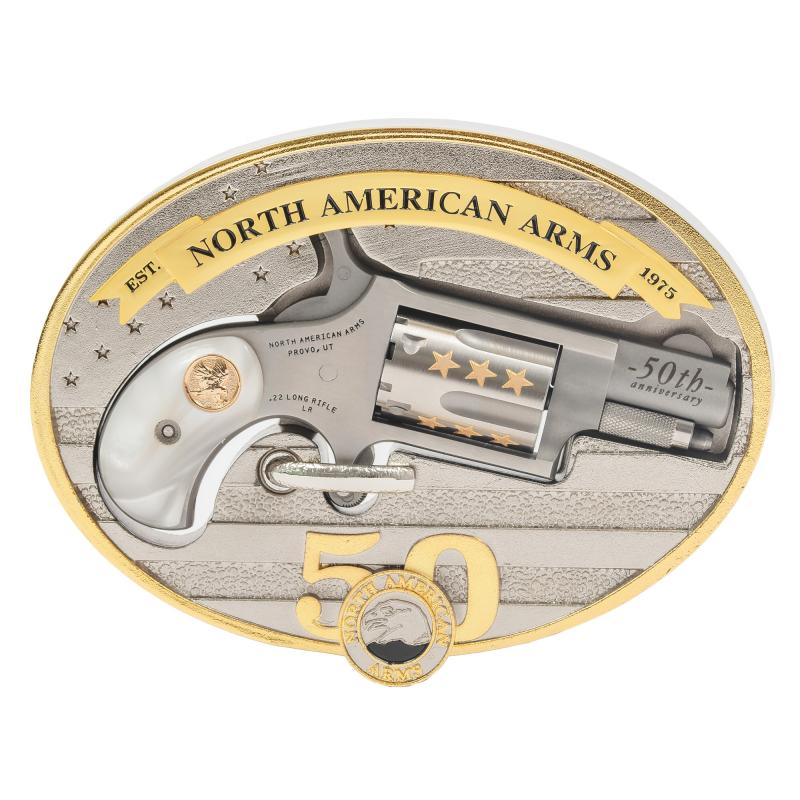 Mini Revolver, 50th Anniversary, Single Action, Revolver, 22LR, 1.125" Barrel, Matte Finish Stainless Steel, Silver and Gold, Wood Grips, Fixed Sights, 5 Rounds, Includes Oval Ornate Belt Buckle NAA-22LR-BBO-50
