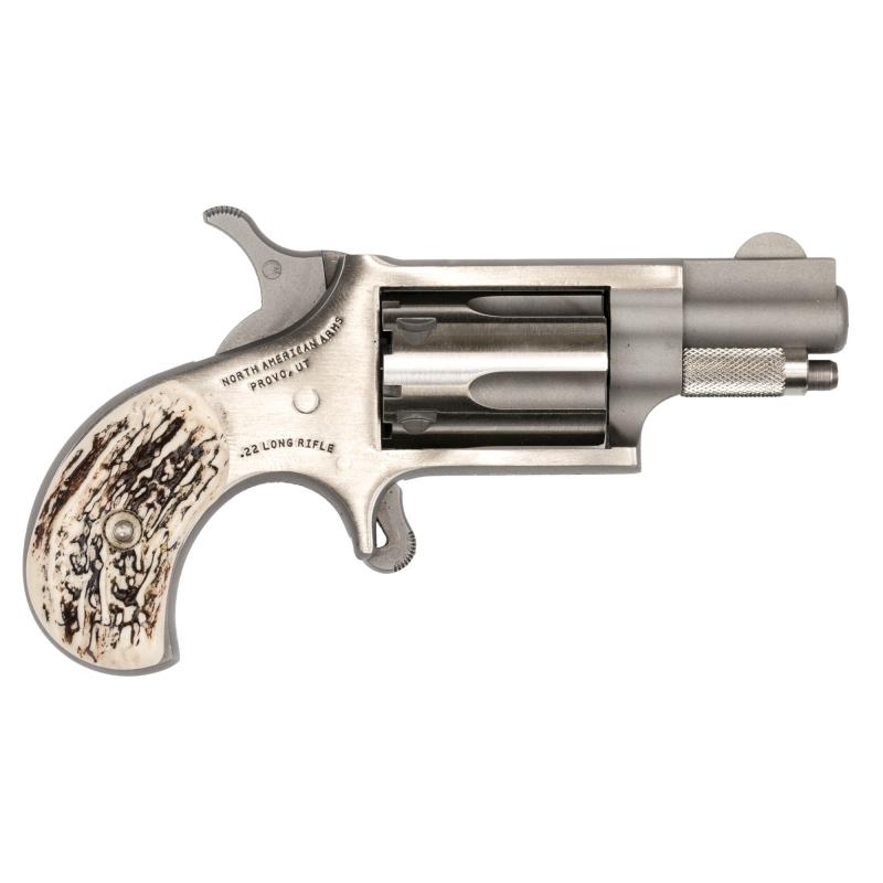 Mini Revolver, Single Action, 22LR, 1.125" Barrel, Steel Frame, Stainless Finish, Imitation Stag Grips, Fixed Sights, 5Rd NAA-22LRGSTG