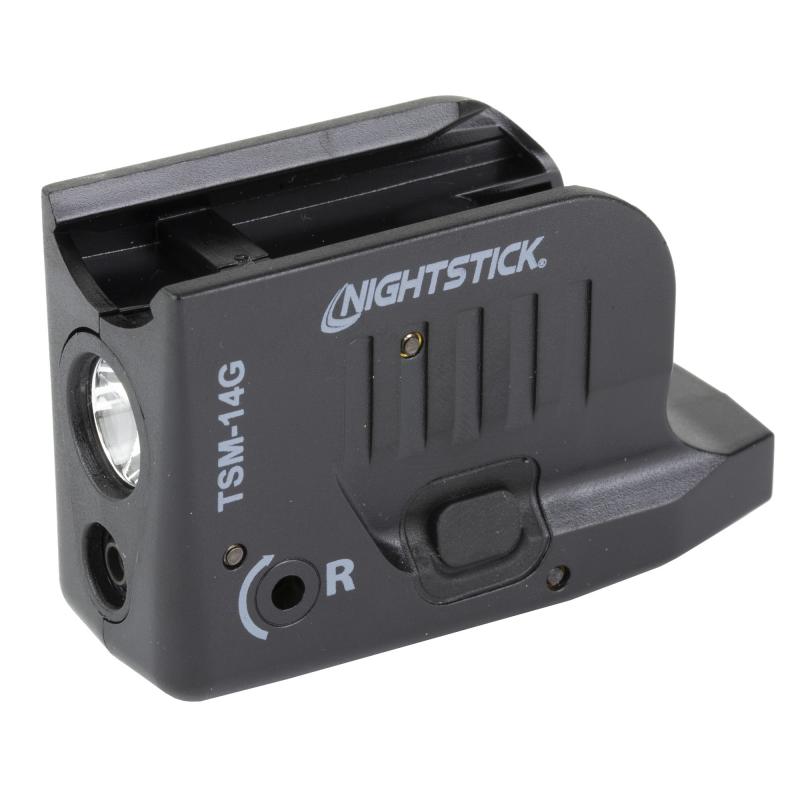 TSM-14G, Subcompact Tactical Weapon-Mounted Light w/Green Laser, For Glock 43/43X/48 MOS, 150 Lumens, 2,700 Candela, Black, .75 Hours of Runtime, IP-X4 Water-Resistant, Rechargeable Battery TSM-14G