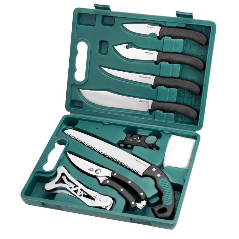 Gamepro-Complete Game Processing Kit, Plain Edge, 420J2 Stainless Steel, Black, Includes (1) Caping Knife, (1) Skinner Knife, (1) Boning Knife, (1) Butcher Knife, (1) Shears, (1) Bone Saw, (1) Ribcage Spreader, (1) Two Stage Sharpener, and Hard Plastic C