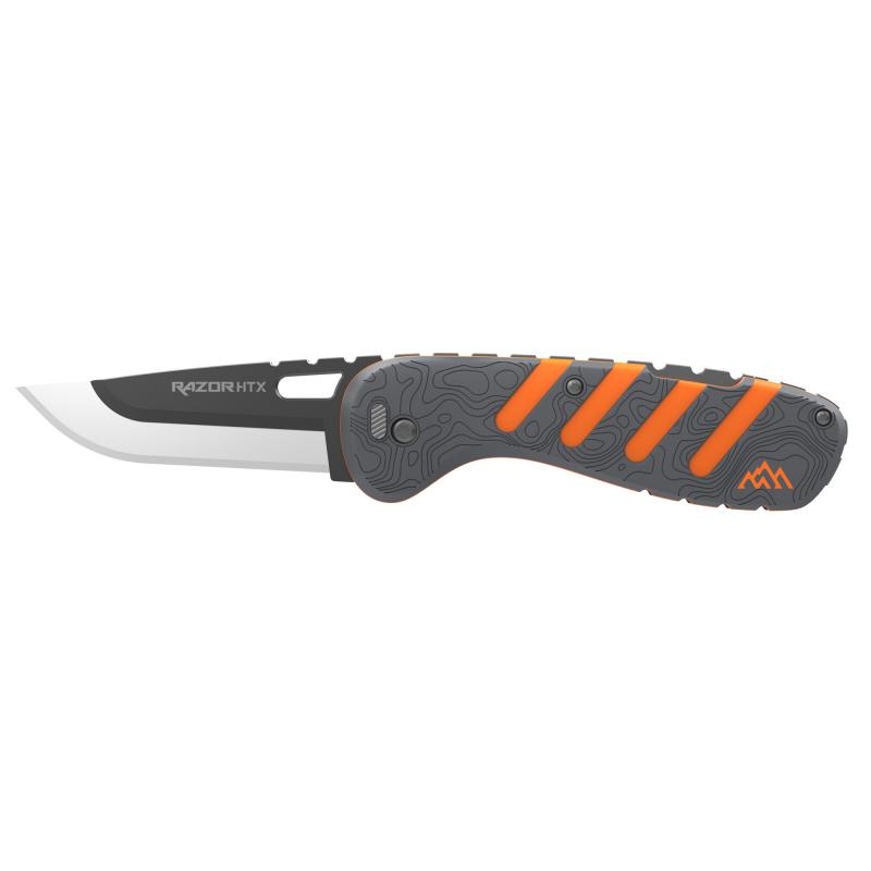 Razor HTX, Fixed Blade Knife, Plain Edge, 3" Blade Length, Includes (3) Drop Point Blades, (2) Caping Blades, (1) Gutting Blade, (1) Saw Blade Pod, Matte Finish, Orange & Gray Rubberized Aluminum Handle HTX30B-6C