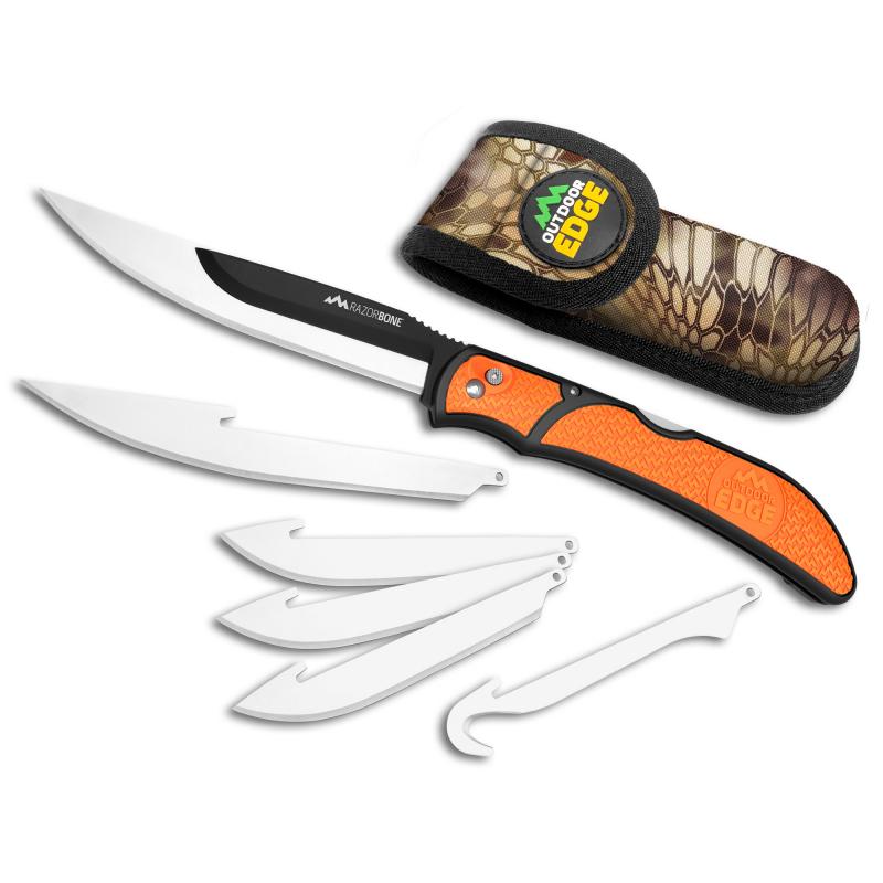 Razorwork, Folding Knife, Plain Edge, Black Oxide Finish, 420J2 Stainless Steel, Orange Handle, Includes (2) Boning/Filet Knives, (3) Drop-Point Blades, and (1) Gutting Blade RBB-20C