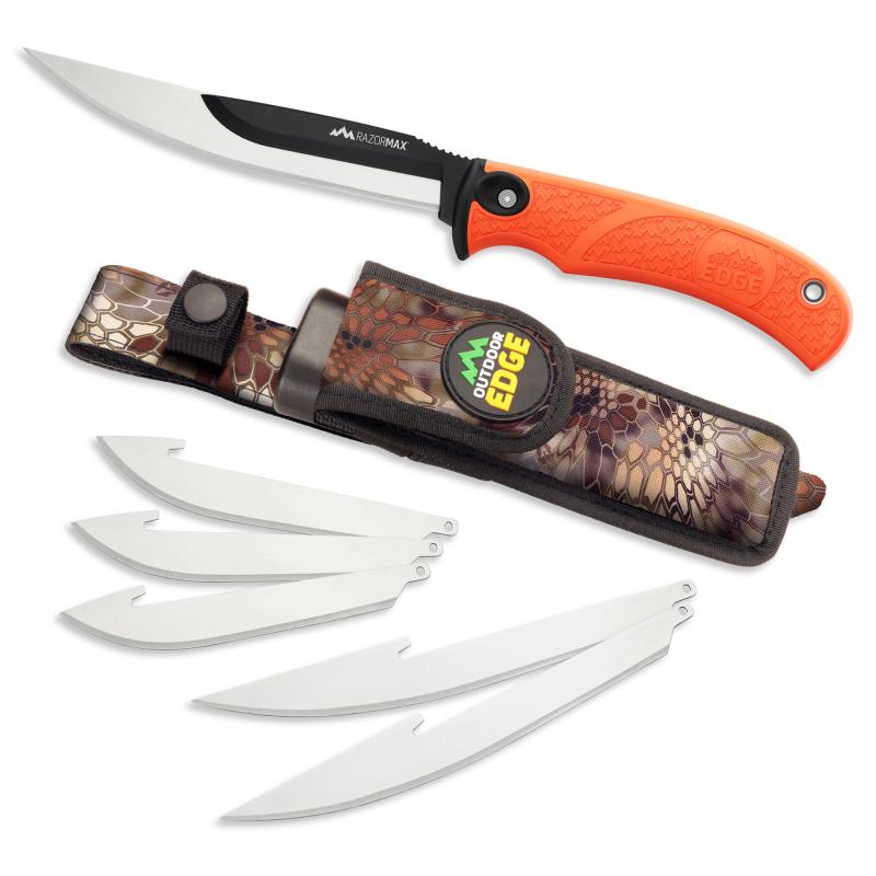 Razormax, Fixed Blade Knife, Plain Edge, Black Oxide Finish, 420J2 Stainless Steel, Orange Handle, Includes (3) Drop Point Blades, (3) Boning/Fillet Blade and Nylon Sheath RMB-20C