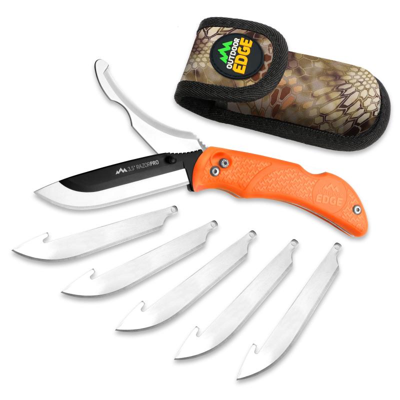 Razor Pro, Folding Knife, Plain Edge, 3.5" Blades, 420J2 Stainless Steel, Orange Handle, Includes (6) Drop Point Blades and Gut Blade RO-20C