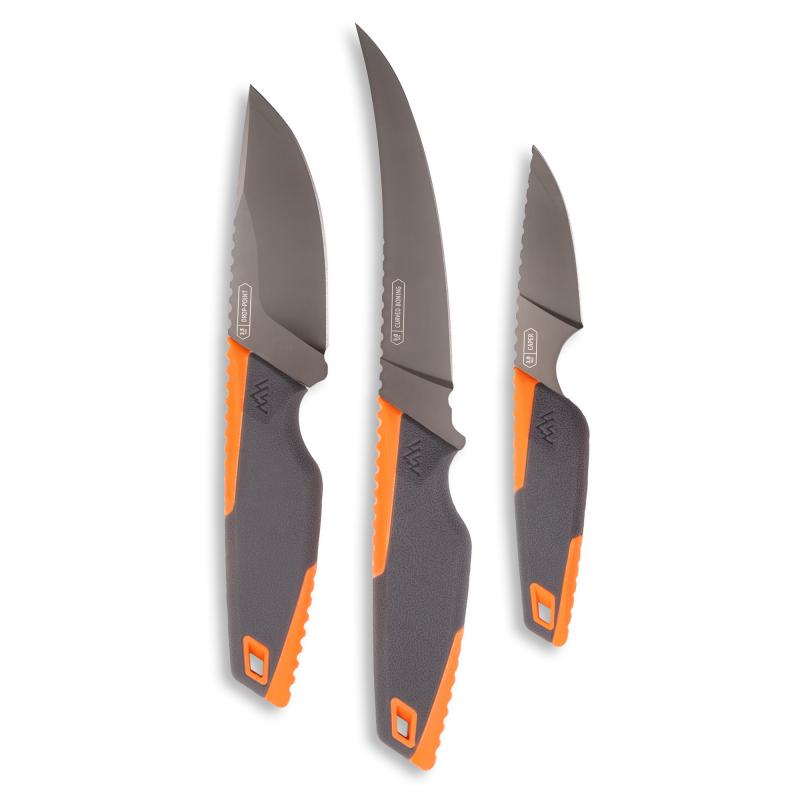 Vantex, 4-Piece Roll Pack Kit, Fixed Blade Knives, Gray & Orange Rubber Overmolded Handles, Includes (1) Drop Point, (1) Boning, (1) Caping, (1) Sharpener VNTX4-C