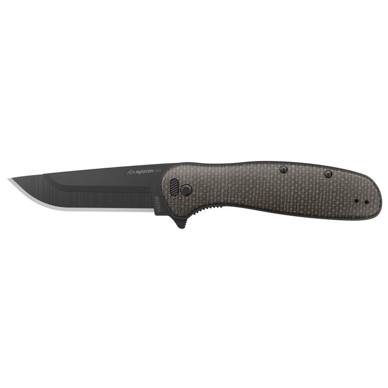 Razor VX2, Folding Knife, Plain Edge, 3" Blade Length, 7.3" Overall Length, 420J2 Stainless Steel, Includes (2) Standard Plain Edge and (1) Partially Serrated Blade, Black Oxide Finish, Green G10 Scales, Stainless Steel Frame/Blade Holder, Reversible Dee