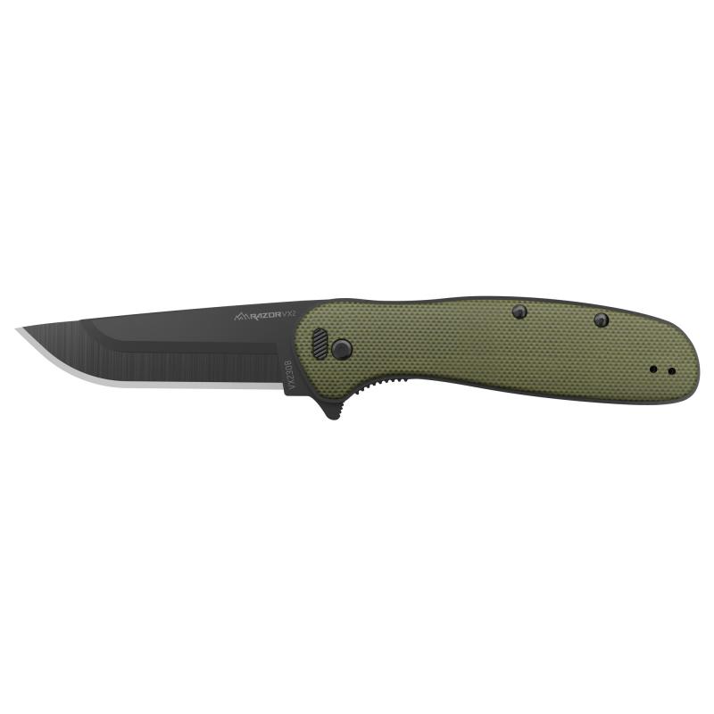 Razor VX2, Folding Knife, Plain Edge, 3" Blade Length, 7.3" Overall Length, 420J2 Stainless Steel, Includes (2) Standard Plain Edge and (1) Partially Serrated Blade, Black Oxide Finish, Brown Burlap Micarta Scales, Stainless Steel Frame/Blade Holder, Rev