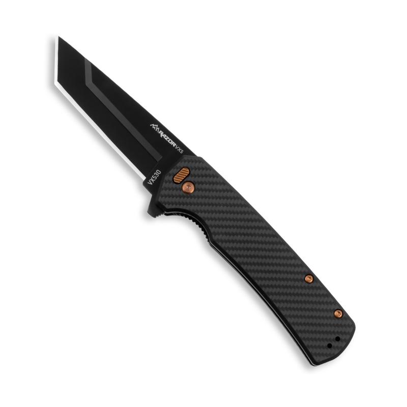 Razor VX5, Folding Knife, Plain Edge, 3" Blade Length, 7.3" Overall Length, 420J2 Stainless Steel, Includes (3) Standard Plain Edge and (1) Partially Serrated Blade, Stainless Steel Finish, Black Carbon Fiber Scales, Bronze Accents, Ceramic Ball Bearing