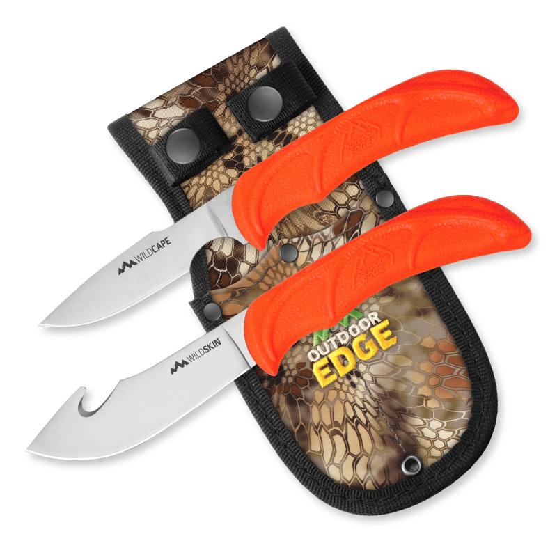 Wild Pair, Fixed Blade Knife Set, Plain Edge, 420J2 Stainless Steel, Orange Handle, Includes (1) Caper Knife, (1) Skinner Knife, and Nylon Sheath WR-1C