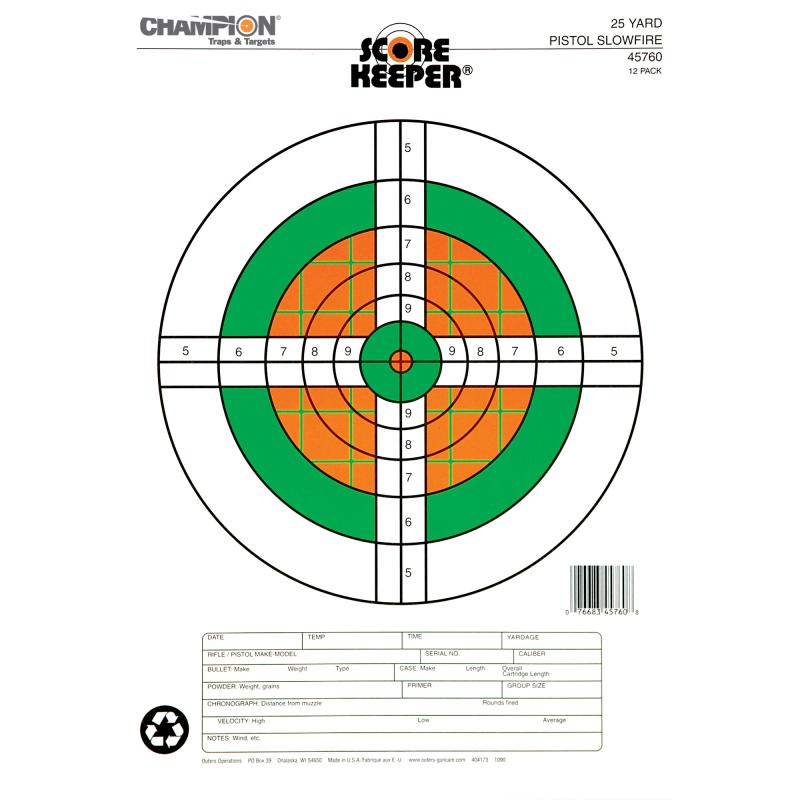 Fluorescent Score Keeper Targets 25 Yard Pistol Slowfire 12 Per Pack