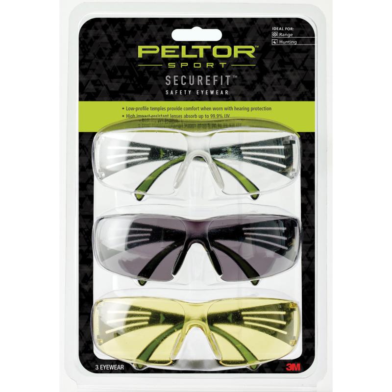 Peltor Sport Secure Fit 400 Eye Protection, 3 Pack: Clear, Amber and Grey Lenses, Anti Fog