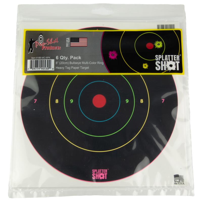 Bullseye Target, 8" Bullseye, Adhesive Target, 6 Pack, Multi Color Rings 8B-MC-6PK