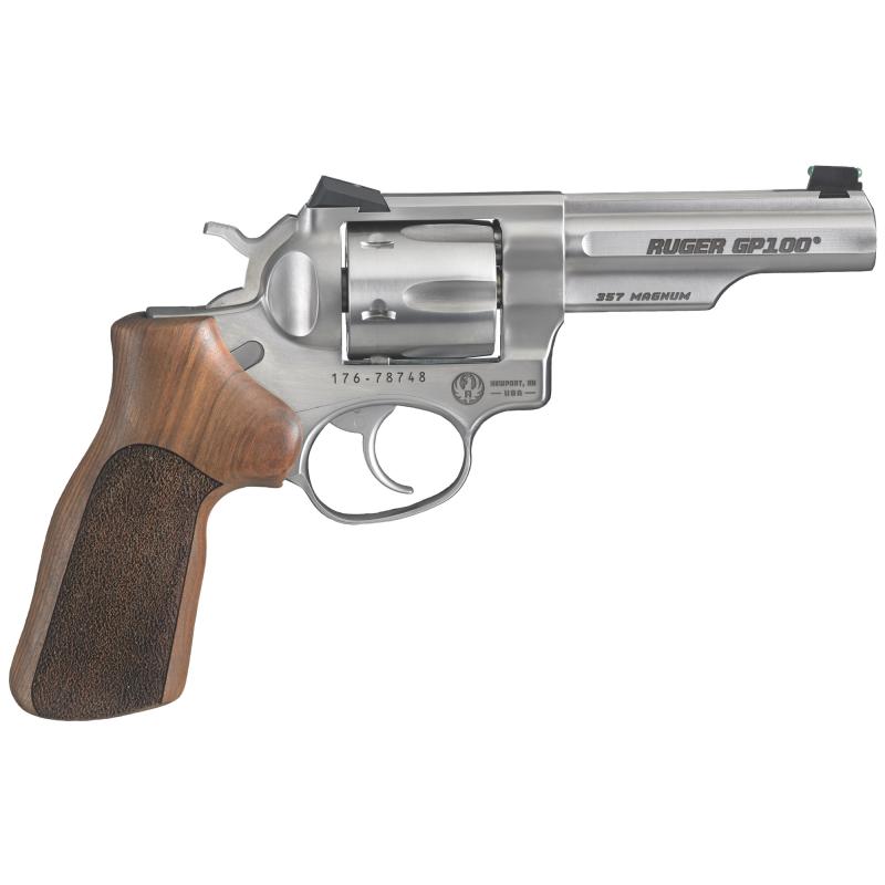 GP100 Match Champion .357 Magnum/.38 Special 4.20 Inch Slab-Sided Half-Lug Barrel Novak Lo-Mount Carry Sights Satin Stainless Finish Hogue Stippled Hardwood Grip 6 Round