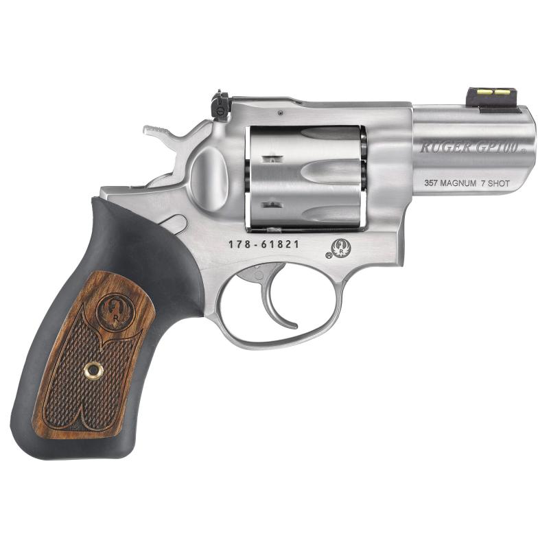 GP100, Double Action Revolver, 357 Magnum, 2.5" Barrel, Satin Stainless Finish, Black Rubber & Engraved Wood Grips, 7Rd, Adjustable Rear Sight & Fiber Optic Front 01774