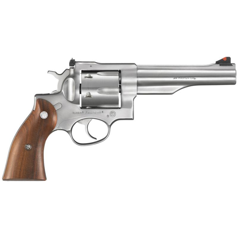 Redhawk, Double-Action Revolver, 44 Rem Mag, 5.5" Sleeve and Shroud Barrel, Satin Stainless Finish, Stainless Steel, Hardwood Grips, Adjustable Rear & Ramp Front Sight, 6RD 05043