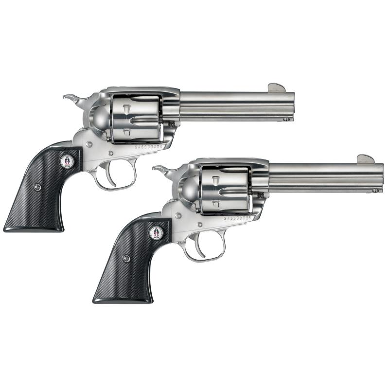 SASS Vaquero Single-Action Revolver Two-Gun Set With Consecutive Serial Numbers .357 Magnum 4.62 Inch Barrel High Gloss Stainless Finish Black Checkered Grips 6 Round
