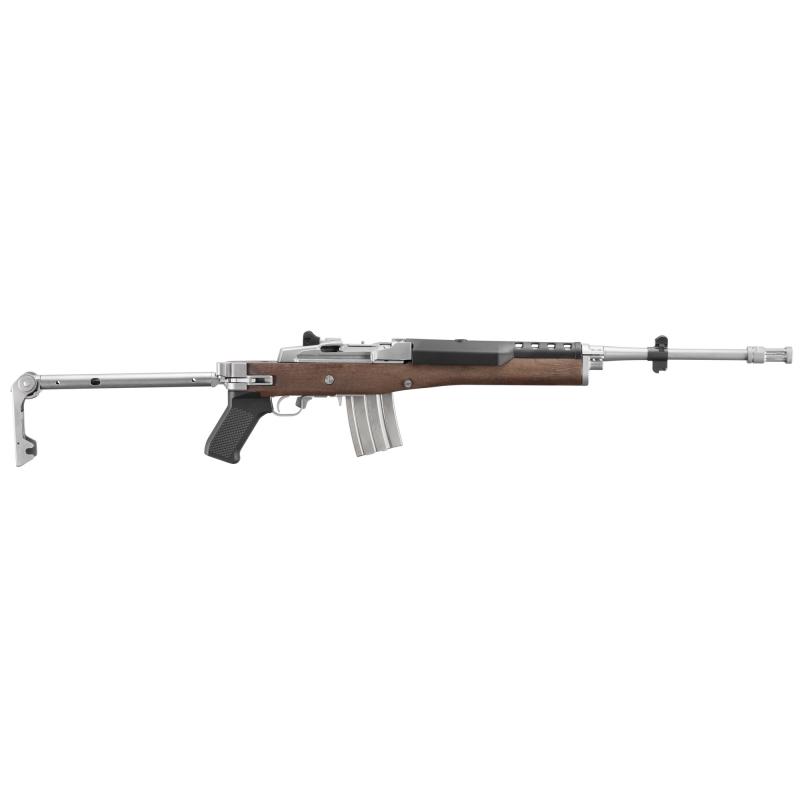 Mini-14 Tactical Rifle, Semi-Automatic Rifle, 5.56NATO/223Rem, 18.50" Barrel, Threaded 1/2x28, Ruger Flash Hider, Matte Finish, Stainless Steel, Walnut Stock with Stainless Side Folder Stock and Pistol Grip, Adjustable Rear & Blade Front Sight, 20 Rounds