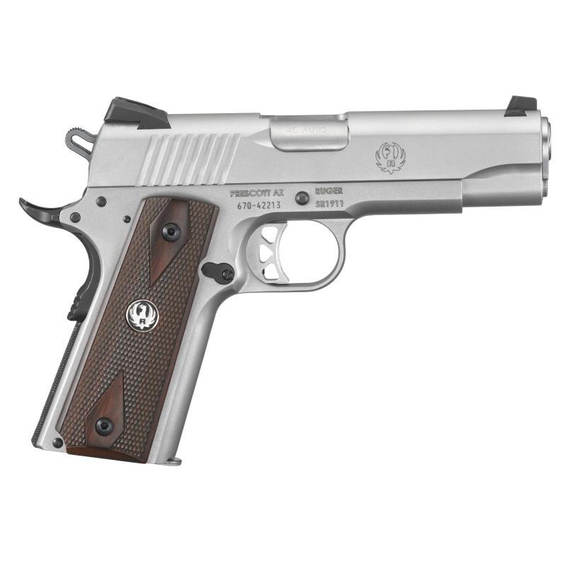 SR1911 .45 ACP 4.25 Inch Barrel Wood Grip Panels Low Glare Stainless Steel Finish Two 7 Round Magazines