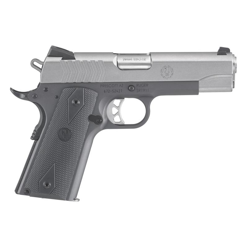 SR1911 9mm Luger 4.25 Inch Barrel Black Rubberized Grip Panels Low Glare Stainless Steel Slide Finish Gray Anodized Aluminum Grip Frame Two 9 Round Magazines