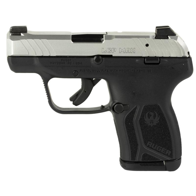 LCP MAX, Double Action Only, Semi-automatic, Polymer Frame Pistol, Compact, 380ACP, 2.8" Barrel, Matte Stainless Finish, Black Frame, Tritium Front Sight with White Outline and Drift Adjustable Rear Sight, Integrated Trigger Safety, 10 Rounds, 1 Magazine