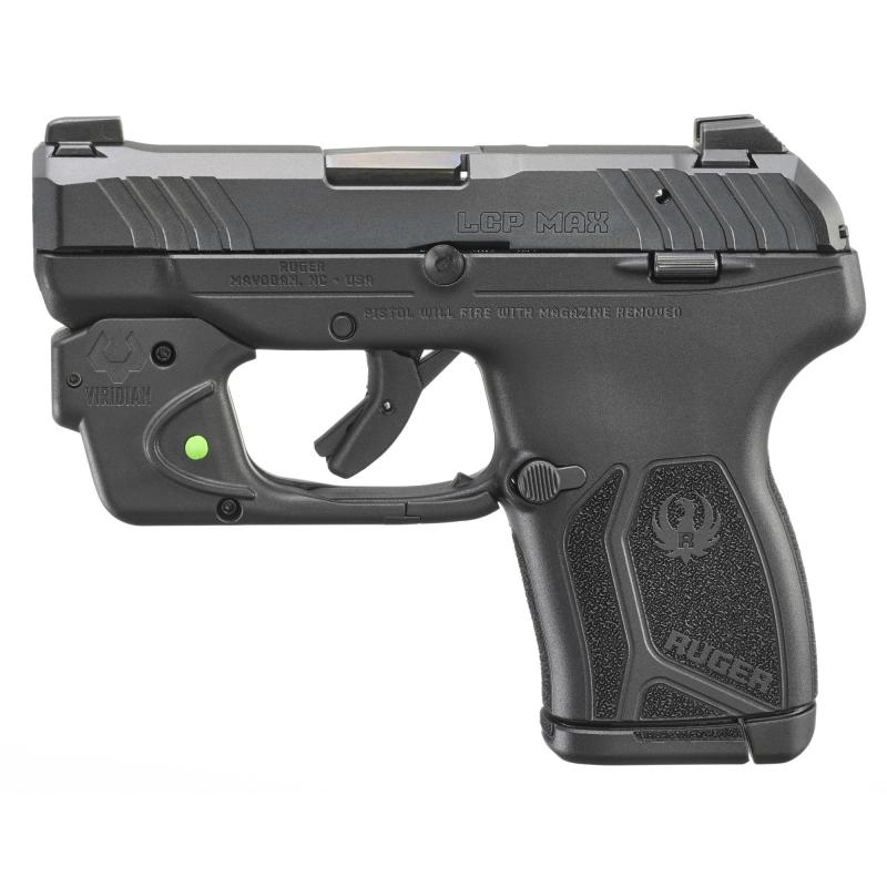 LCP MAX, Double Action Only, Semi-automatic, Polymer Frame Pistol, Compact, 380ACP, 2.8" Barrel, Black Oxide Finish, Black, Tritium Front Sight with White Outline and Drift Adjustable Rear Sight, Viridian E Series Green Laser, Integrated Trigger Safety,