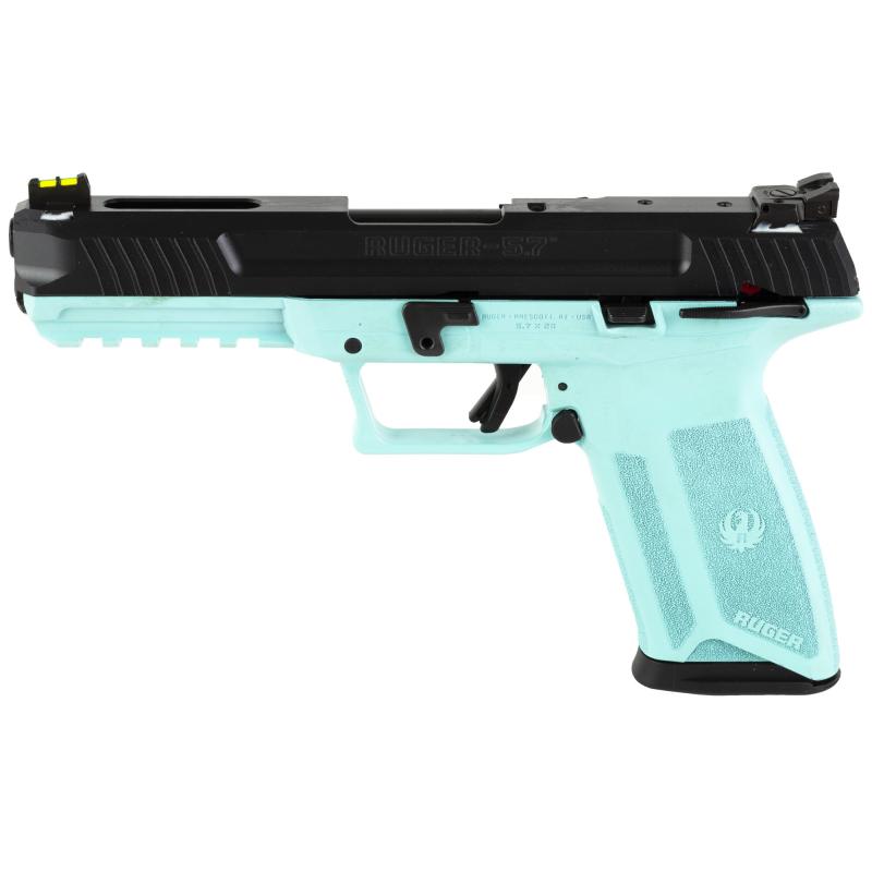 57, Double Action, Semi-automatic, Polymer Frame Pistol, Full Size, 5.7X28MM, 4.94" Barrel, Turquoise Frame, Black Oxide Finish, Fiber Optic Front and Adjustable Rear Sights, Ambidextrous Manual Safety, 20 Rounds, 2 Magazines, Ambidextrous 16405