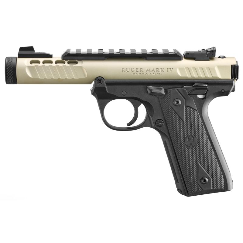 Mark IV, 22/45 Lite, Single Action, Semi-automatic, Polymer Frame Pistol, 22LR, 4.4" Threaded Barrel, Anodized Finish, Champagne, Black Frame, Checkered Grips, Adjustable Rear Sight, Ambidextrous Safety, 10 Rounds, 2 Magazines 43955