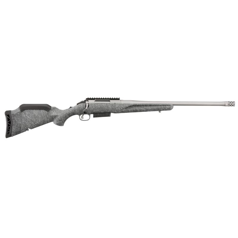 American Generataion II, Bolt Action Rifle, 450 Bushmaster, 20" Barrel, 1:16 Twist, Threaded 11/16x24, Muzzle Brake, Cerakote Finish, Gunmetal, Gray Splatter Synthetic Stock, Manual Safety, Picatinny Rail, 3 Rounds, 1 Magazine 46905