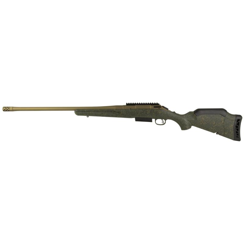 American Generation II, Predator, Bolt Action Rifle, 450 Bushmaster, 22" Spiral Fluted Barrel, 1:16 Twist, Threaded 11/16"-24, Muzzle Brake, Cerakote Finish, Burnt Bronze, Green Splatter Synthetic Stock, Manual Safety, Picatinny Rail, 3 Rounds, 1 Magazin