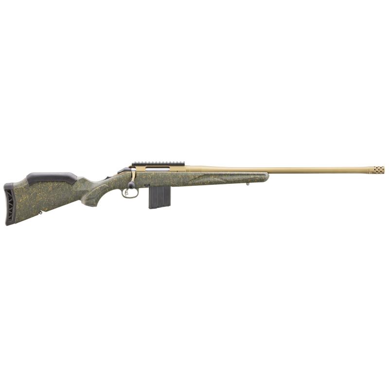 American Generation II, Predator, Bolt Action Rifle, 400 Legend, 22" Spiral Fluted Barrel, 1:16 Twist, Threaded 11/16"-24, Muzzle Brake, Cerakote Finish, Burnt Bronze, Green Splatter Synthetic Stock, Manual Safety, Picatinny Rail, 5 Rounds, 1 Magazine 46