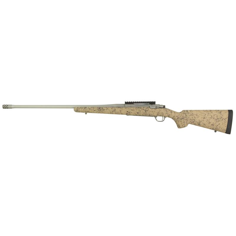 Hawkeye, FTW Hunter, Bolt Action Rifle, 7MM PRC, 24" Cold Hammer Forged Barrel, Threaded Barrel 5/8x24, Ruger Muzzle Brake System, Matte Stainless Finish, Silver, LC6 Trigger, 20 MOA Picatinny Rail, Pro Series HS Precision Tan/Black Synthetic Speckled St